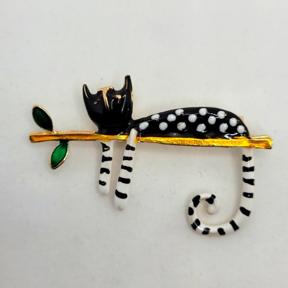 Cat brooch / pin, black & white cat on branch